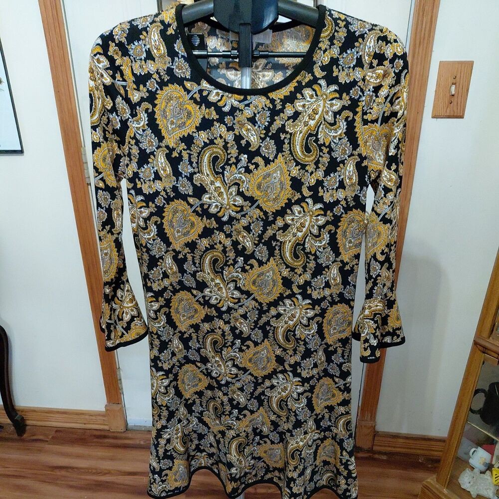 Michael Kors Womens Flounce Hem Dress Bell Sleeve Size M Black Marigold Paisley